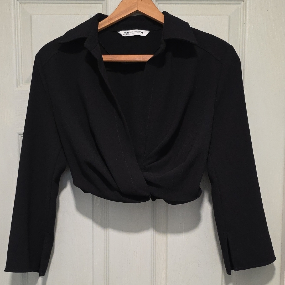 Zara  Cropped Black  Faux Wrap Blouse